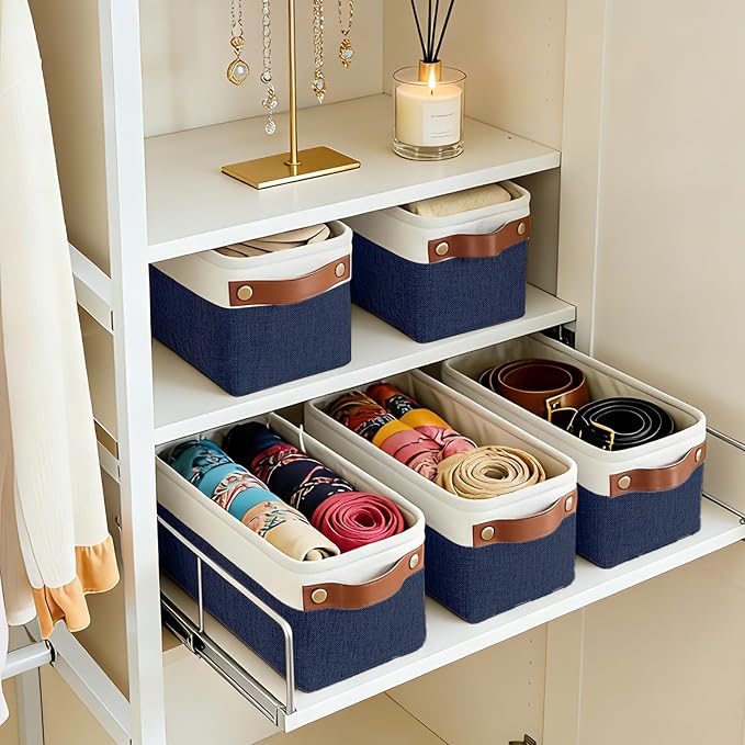 Bagnizer Small Fabric Storage Baskets, 15x6x5 inch Narrow Storage Bins 4-Pack Long Storage Basket for Organizing with Handles, Decorative Basket for Closets, Shelves, Toilet Paper, Navyblue - Image 2