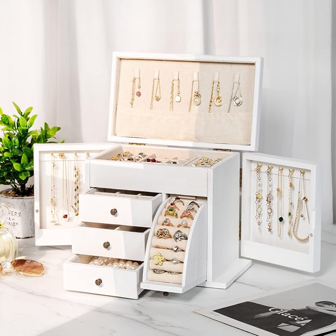 Poyilooo Jewelry Box Organizer, Solid Wood Jewelry Boxes for Women for Storage & Display Necklace Ring Earring Bracelet, Rustic Style Jewelry Organizer Box for Women Gifts (Weathered White) - Image 2