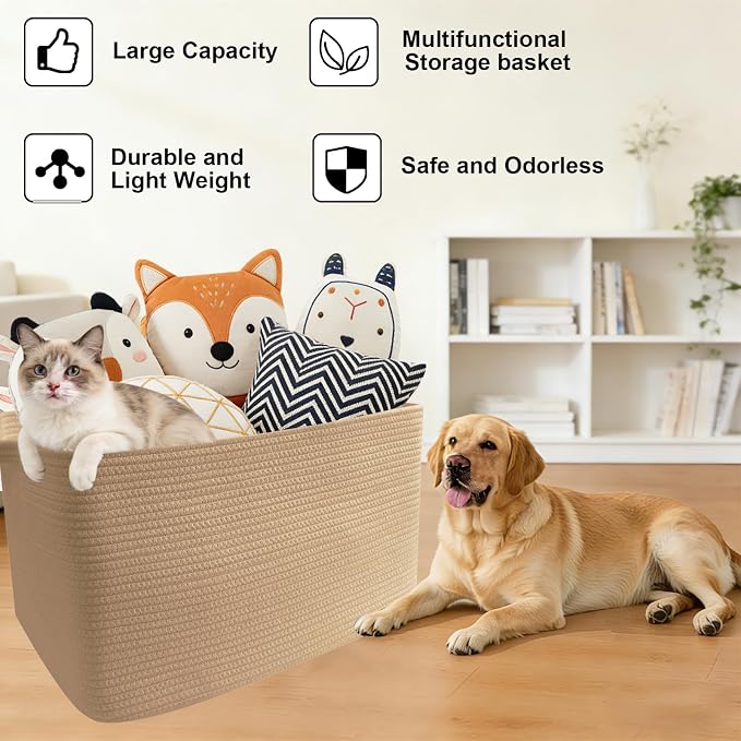 96L Large Blanket Basket,24"x16"x15"Rectangle Storage Bin with Handles,Woven Rope Laundry Basket for Toys, Clothes,Magazines,Home Organization,Nursery,Living Room & Bedroom,Jute - Image 8