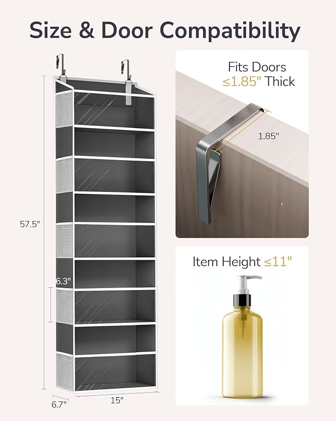 ULG 1-Pack Over Door Organizer with 5 Large Pockets 10 Mesh Side Pockets, 44 lbs Weight Capacity Hanging Storage Organizer with Clear Window for Bedroom Bathroom, RV, Clear Dark Grey - Image 2