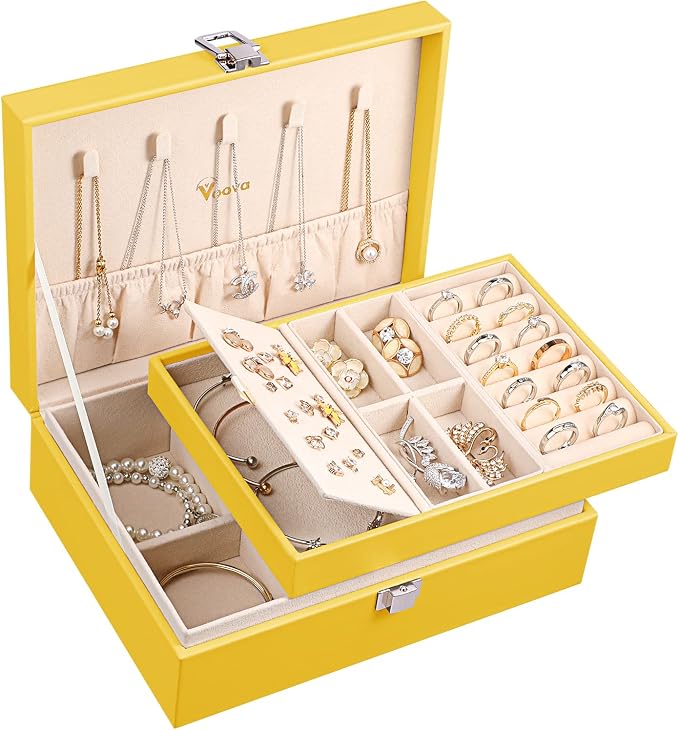Voova Jewelry Box Organizer for Women Girls, 2 Layer Large Men Jewelry Storage Case, PU Leather Display Jewellery Holder with Removable Tray for Necklace Earrings Rings Bracelets, Vintage Gift, Yellow by Voova