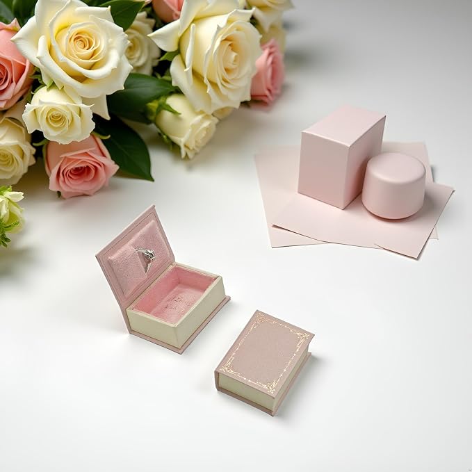 Book Shaped Ring Box - Vintage Engagement Ring Box with Hinged Lid for Proposal Engagement Wedding, Proposal Ring Case -PRB012-Pink - Image 3