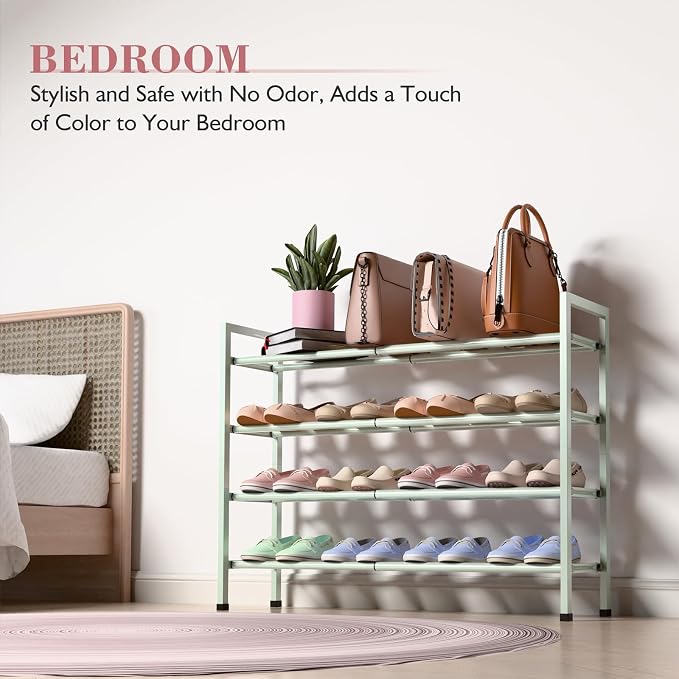 Bumusty 4-Tier Expandable Shoe Rack for Closet, 18“-33” Adjustable Shoe Rack for Small Space, Small Shoe Organizer for Front Door, Sturdy Metal, Green - Image 6