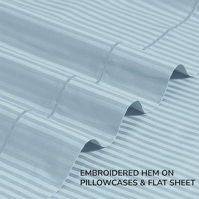 Feather & Stitch 500 TC King Size Damask Bed Sheet Set, 100% Cotton Soft Breathable Bedsheets, 4 Piece 18" Deep Pockets Sateen Weave Striped Bedding Mattress Resort Hotel Luxury- (Aqua Stripe)