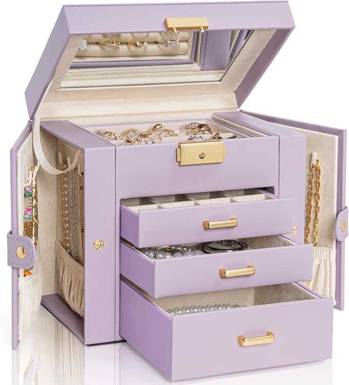 AKOZLIN 4-Tier Jewelry Box Leather Jewelry Storage Organizer with 3 Drawers Lockable for Women Girls Ring Necklace Earring Bracelet Holder with Mirror Purple by AKOZLIN