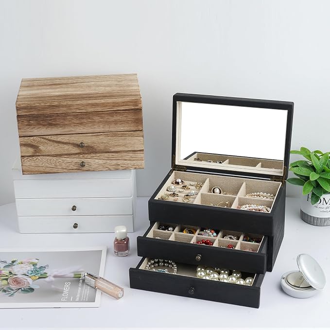 Meangood Jewelry Box Organizer for Women, 3 Layer Large Jewelry Storage Case, Rustic Wooden Jewelry Box with Mirror & Ring Tray for Necklace Earring Bracelets Rings, Vintage Style (Black) - Image 2
