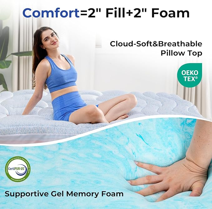Dual Layer 4 Inch Cooling Memory Foam Mattress Topper Twin Size, 2 Inch Thick Soft Quilted Ice Silk Pillow Top Cover Plus 2 Inch Gel Memory Foam Mattress Pad for Back Pain Relief