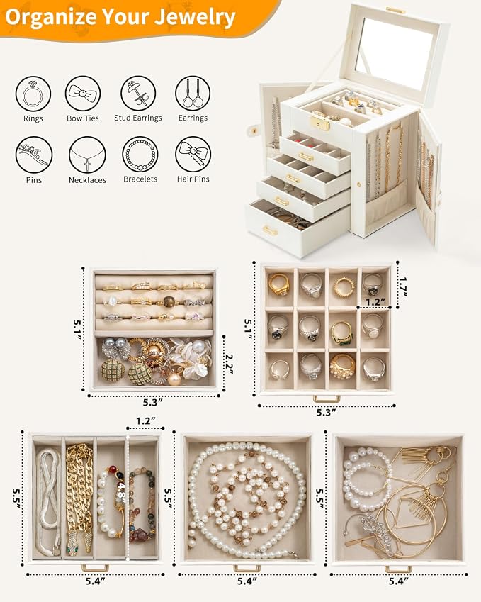 AKOZLIN 5-Tier Jewelry Box Leather Jewelry Storage Organizer with 4 Drawers Lockable for Women Girls Ring Necklace Earring Bracelet Watches Holder with Mirror White - Image 2