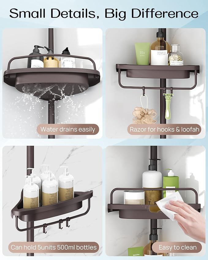 ALLZONE Corner Shower Caddy Tension Pole, Extendable Rustproof Stainless Steel Pole & 4-Tier Adjustable Shelves for Easy Drainage and Built-to-Last Stability, 34 to 116 Inches, Brown - Image 6