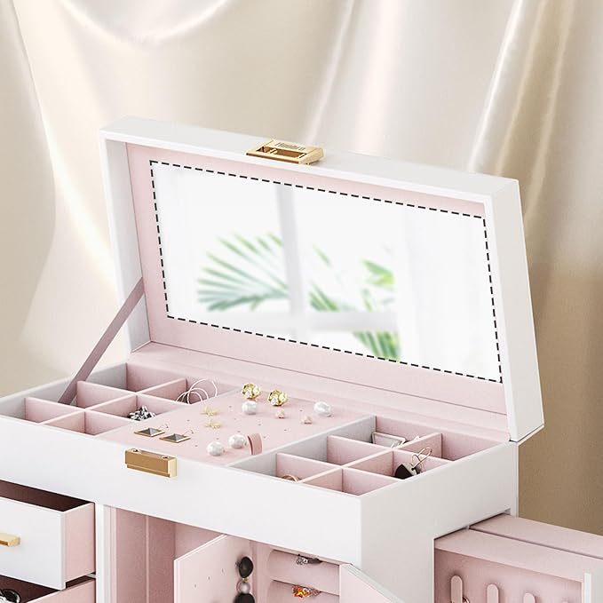 HOOBRO Jewelry Box with Mirror, Jewelry Organizer Box with Capacious Storage Space, Vertical Storage, Glass Cover, Modern Style, White and Light Gold WT06JB04G1 - Image 6