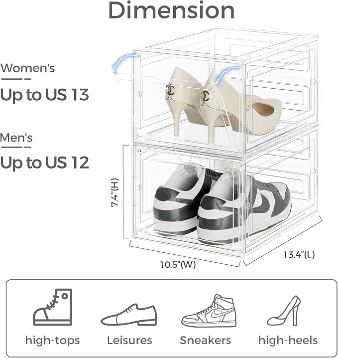 Pinkpum Upgraded Hard Shoe Storage Box 12 Pack X-Large Fit Size 12, Thicken & Sturdy Clear Plastic Stackable Shoe Organizer Box Closet, Sneaker Storage Display Case Holder Bins with Magnetic Door - Image 2