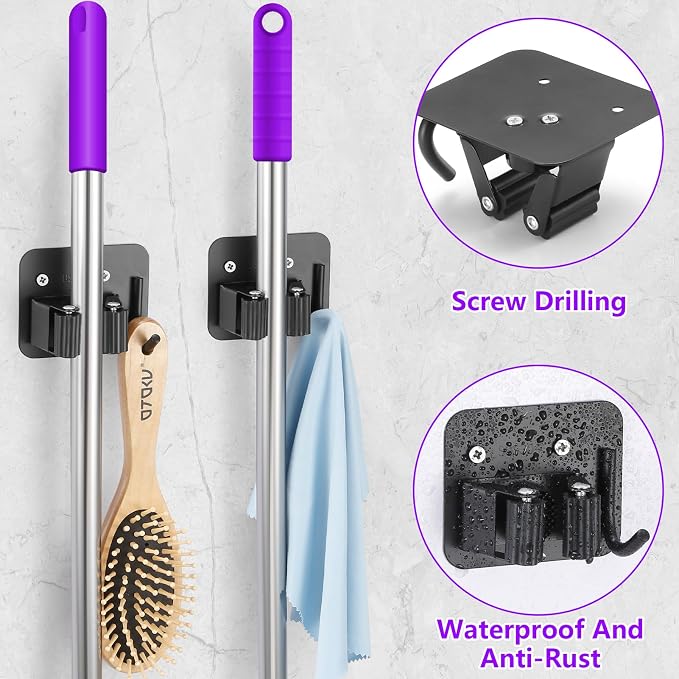 Stainless Steel Broom Holder, Heavy Duty, Rust Resistant, 4 Gripper Positions with 4 Hooks, Black - Image 4