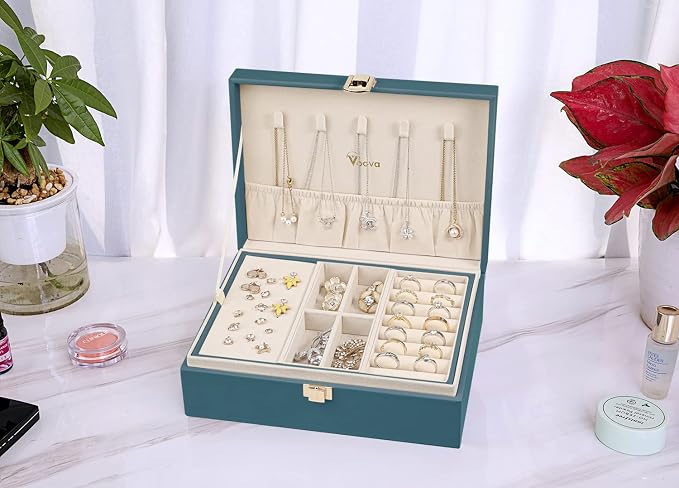 Voova Jewelry Box Organizer for Women Girls, 2 Layer Large Men Jewelry Storage Case, PU Leather Display Jewellery Holder with Removable Tray for Necklace Earrings Rings Bracelets, Indigo - Image 4