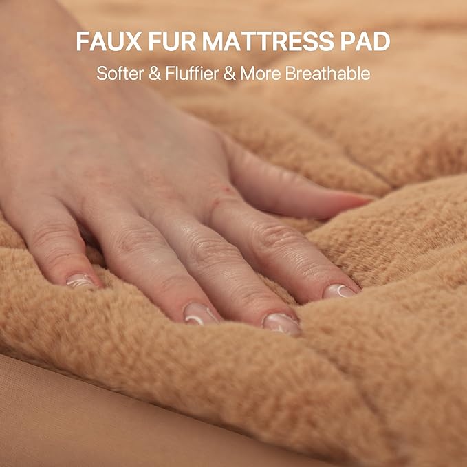 Faux Fur Fitted Mattress Pad Quilted Bottom Sheet, Fluffy Mattress Protector Cover, Luxury Soft Fitted Sheet Mattress Topper with 8-21" Deep Pocket Queen