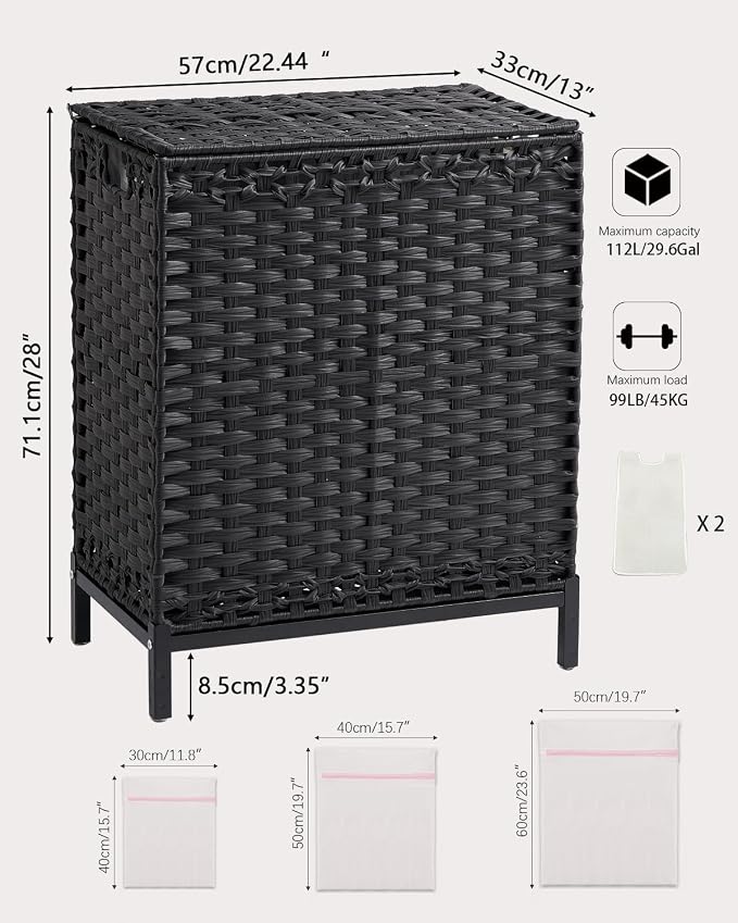 SETVSON Laundry Hamper with Lid, 112 L Handwoven Rattan Wicker Laundry Basket, 2 Removable Liner Bags Metal Heightened Feet, 6 Mesh Bags, 2 Section Large Clothes Hamper for Bathroom Bedroom, Black - Image 5