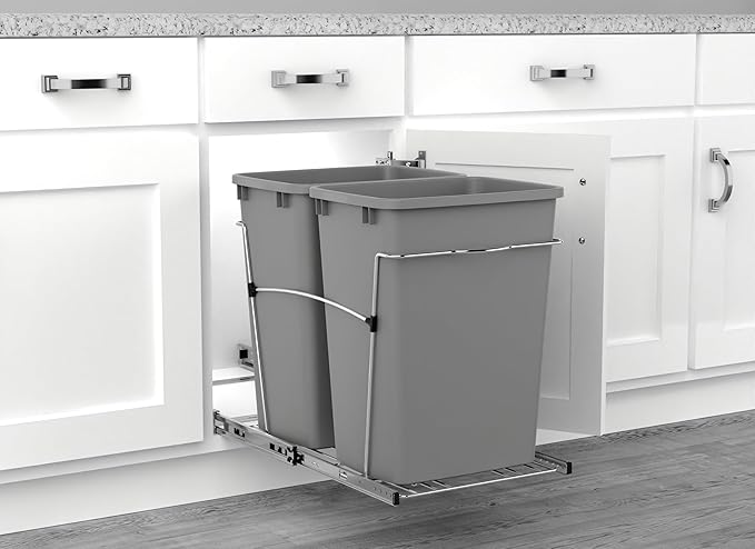 Rev-A-Shelf Double Pullout Trash Can for Kitchen Cabinets 35 Qt Garbage Recycling Bin on Full-Extension Slides, Silver, RV-18KD-17C S - Image 6