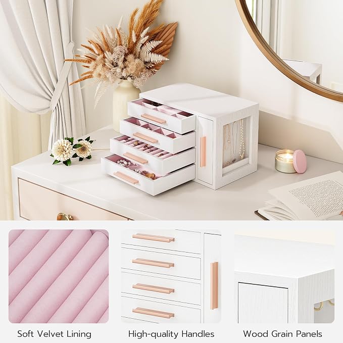 HOOBRO Jewelry Box for Women, Wooden Jewelry Organizer with Transparent Window, 4-Layer Jewelry Organizer Box, Jewelry Holder Organizer for Earrings, Necklaces, Rings, White and Gold WD09JB04 - Image 8