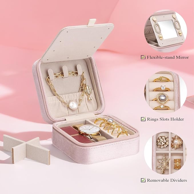 Vlando Small Travel Jewelry Box Organizer Display Case for Rings Earrings Necklaces Storage, Selected Soft Velvet, Letter M Engraved, Pink - Image 3
