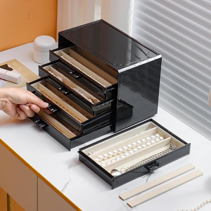 YUFONG Necklace Holder Organizer, Dustproof Necklace Box Velvet Necklace Organizer Box with Lid Clear Acrylic Dustproof Stackable Jewelry Displays for Necklaces Chain Display (Black Beige, 5 Drawer) - Image 3