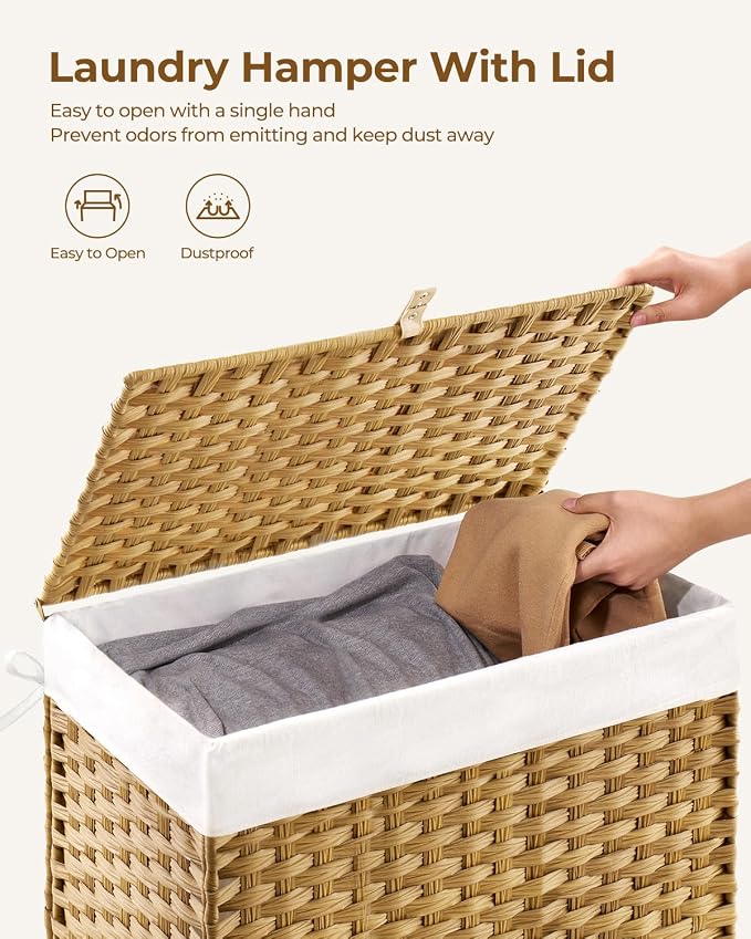 Greenstell Laundry Hamper with Lid, 125L Laundry Basket with 2 Removable Liner Bags & 2 Mesh Bags, Handwoven Synthetic Rattan Clothes Hamper for Clothes, Toys in Bathroom, Bedroom, Foldable, Natural - Image 5