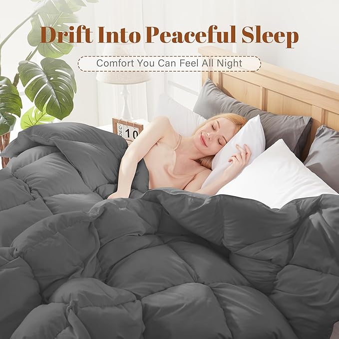 Cosybay Heavyweight Feather Down Fiber Comforter King Size - Thick Dark Grey 100% Cotton Duvet Insert for Winter Climates - Luxury Hotel Bedding Comforter Extra Warmth, King 106x 90 Inch