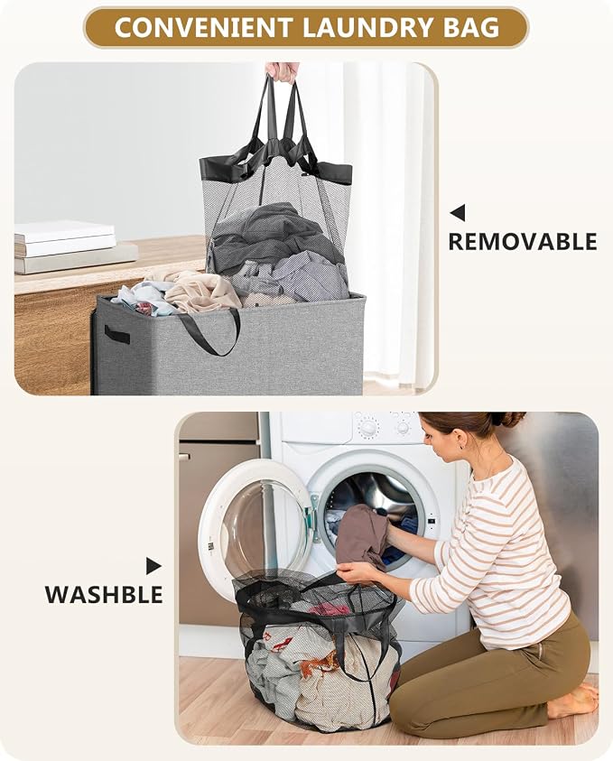 SOLEDI Double Laundry Hamper with Lid, 130L Clothes Hamper 2 Section, Laundry Basket with Removable bag, Bed room decor aesthetic, laundry room organization, Home and dorm room essentials - Image 5