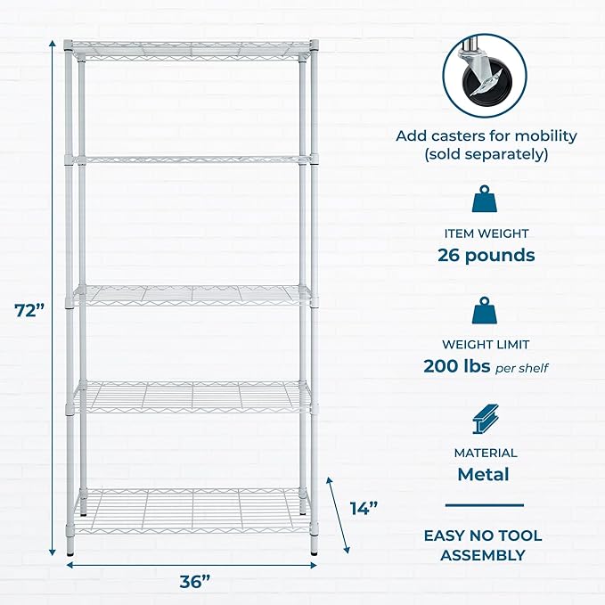 Honey-Can-Do 5-Tier Heavy Duty Adjustable Shelving Unit, 200-lb Per Shelf Metal Storage Rack, White Wire Shelf for Laundry Room Kitchen Craft Room, 36 x 14 x 72 in - Image 3