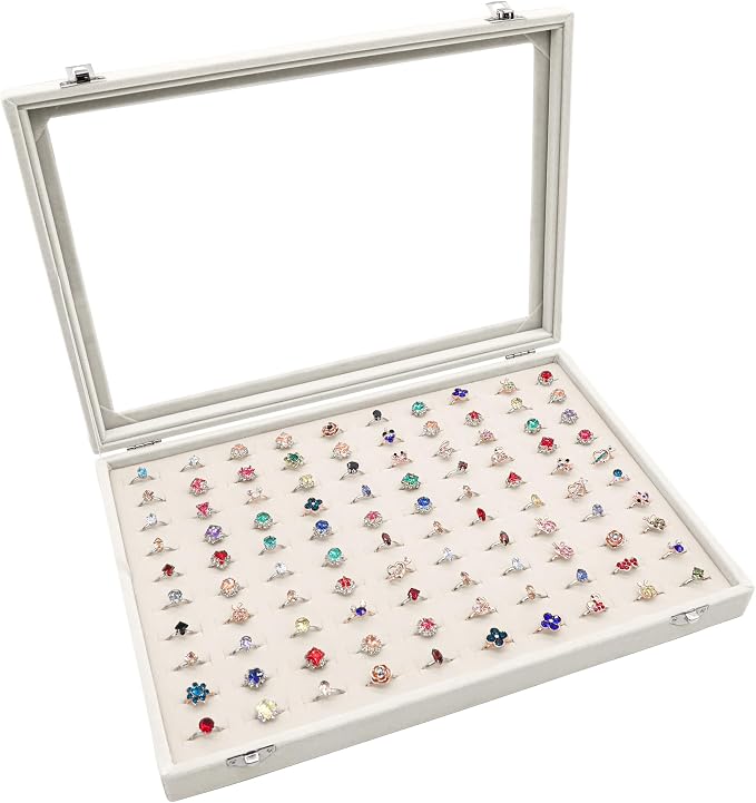Stratalife Jewelry Organizer Ring Storage Display Tray with Clear Glass Lid Velvet Jewelry Showcase Ring Box for Multiple Rings Drawer Display 100 Slot (Beige) by Stratalife