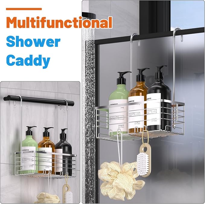 YUOROS Shower Caddy Hanging, Over the Door Shower Organizer Rack 304 Stainless Steel Rustproof Bathroom Storage Shampoo Holder Basket (Silver) - Image 2