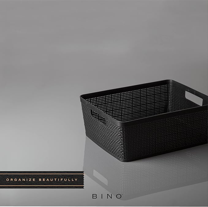BINO | Woven Plastic Basket | Medium (Black), 4-Pack | THE JUTE COLLECTION | Home Organization, Space - Saving Storage, Stylish Design | Jute Basket | Plastic Storage Basket - Image 6