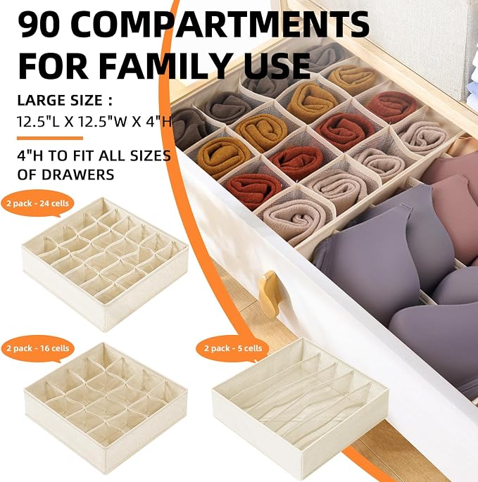 Criusia 6 Pcs Drawer Organizer Clothes - 90 Cells Closet Organizers and Storage for Baby Nursery - Washable Fabric Dresser Organizer Dividers for Sock Underwear Bra Dorm Room Essentials (Beige) - Image 2