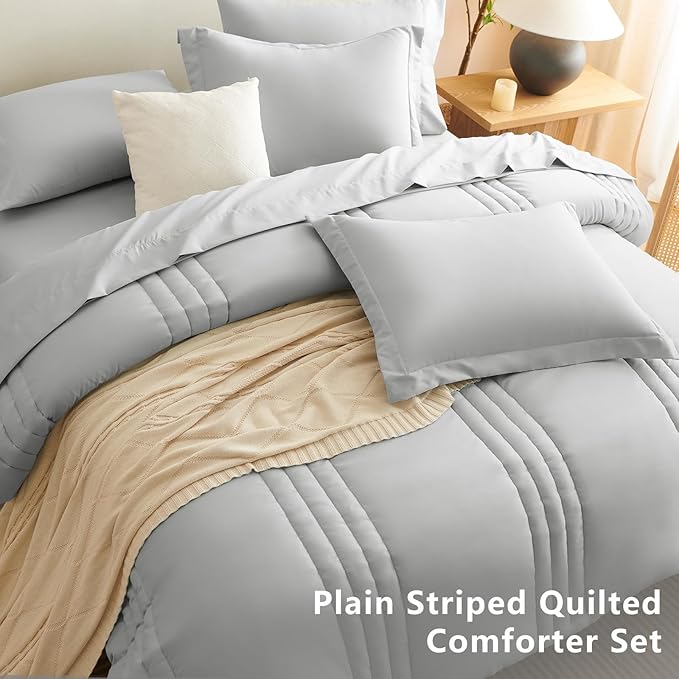 CozyLux Queen Comforter Set - 7 Pieces Bed in a Bag Light Grey Comforter Set with Sheets Luxury Bed Set All Seasons, Soft Bedding Set with Down Alternative Comforter, Sheets, Pillowcases & Shams
