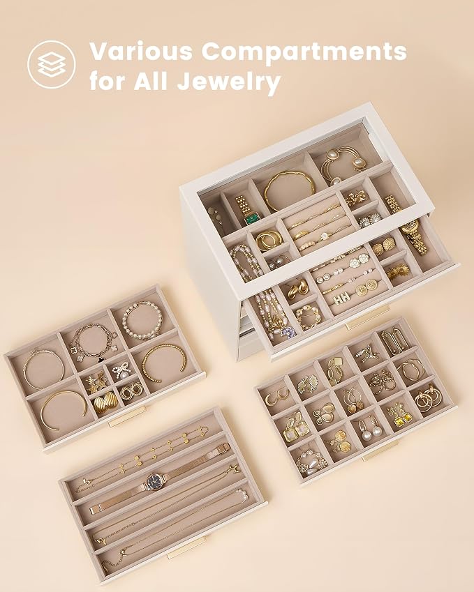 Lolalet Jewelry Box Organizer, 8-Layer Jewelry Organizers and Storage Case with Glass Lid, Ring Earring Bracelet Necklace Holder Organizer, Birthday Valentine Gifts for Women Girls -8Layer, Beige - Image 5