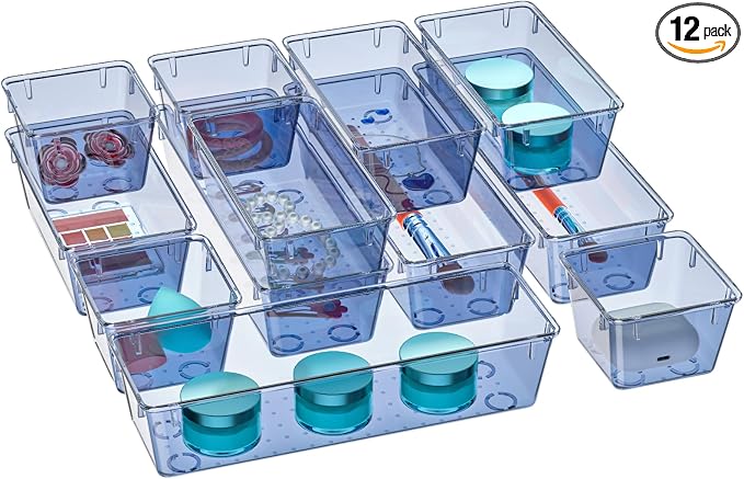 WOWBOX 12 Pack Clear Drawer Organizer Set, Acrylic Drawer Storage Trays, Storage Bins for Makeup, Cosmetics, Jewelries, Utensils, Gadgets, Office, Dark Blue by WOWBOX