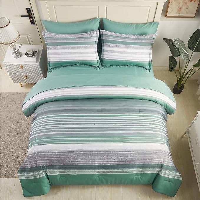 KAKIJUMN 7 Piece Bed in a Bag Stripe Comforter Set King Size, White Grey Sage Green Patchwork Striped Comforter and Sheet Set, All Season Soft Microfiber Complete Bedding Sets(Green,King)