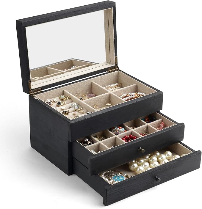 Meangood Jewelry Box Organizer for Women, 3 Layer Large Jewelry Storage Case, Rustic Wooden Jewelry Box with Mirror & Ring Tray for Necklace Earring Bracelets Rings, Vintage Style (Black) by Meangood