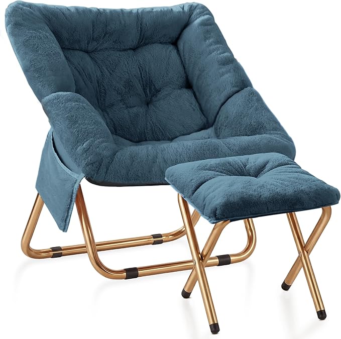 Kasunpul Comfy Saucer Chair, Foldable Living Room Chairs, Soft Faux Fur Lounge Chair for Bedroom, Reading Chairs for Adults, Teens, X-Large (Blue Grey)