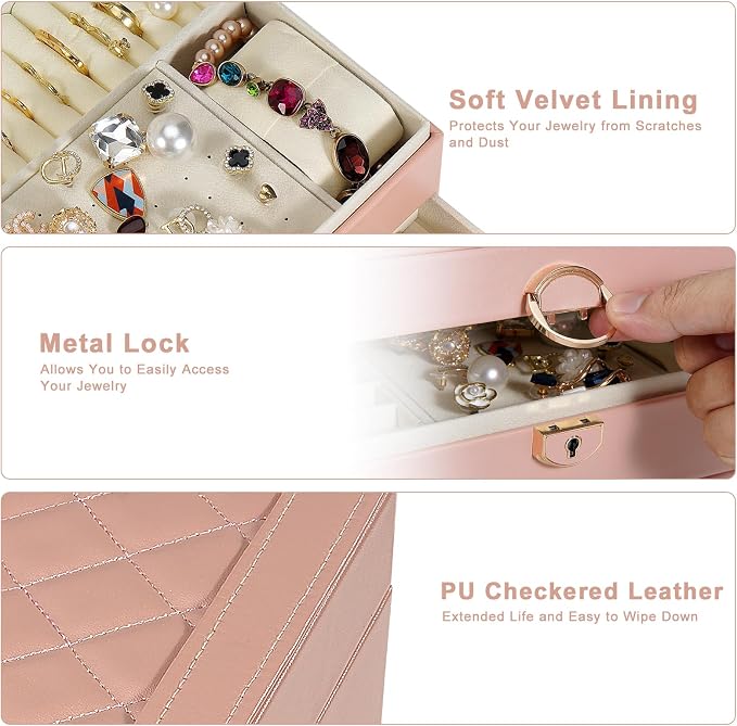 3-Layer Jewelry Box for Women, Jewelry Organizers and Storage with Removable Jewelry Tray, Vintage Quilted Top Lockable Jewelry Holder Gift Idea Pink - Image 4