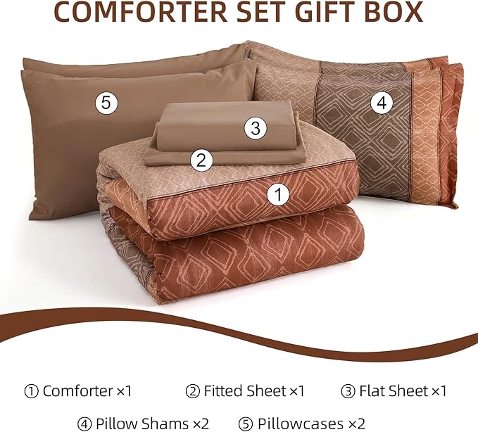 Dinjoy Boho Queen Comforter Set Red Brown,7 Piece Bed in a Bag Queen Size Warm Striped Bedding Sets with Plaid Fall Comforters Bed Set with Sheets for Family All Season