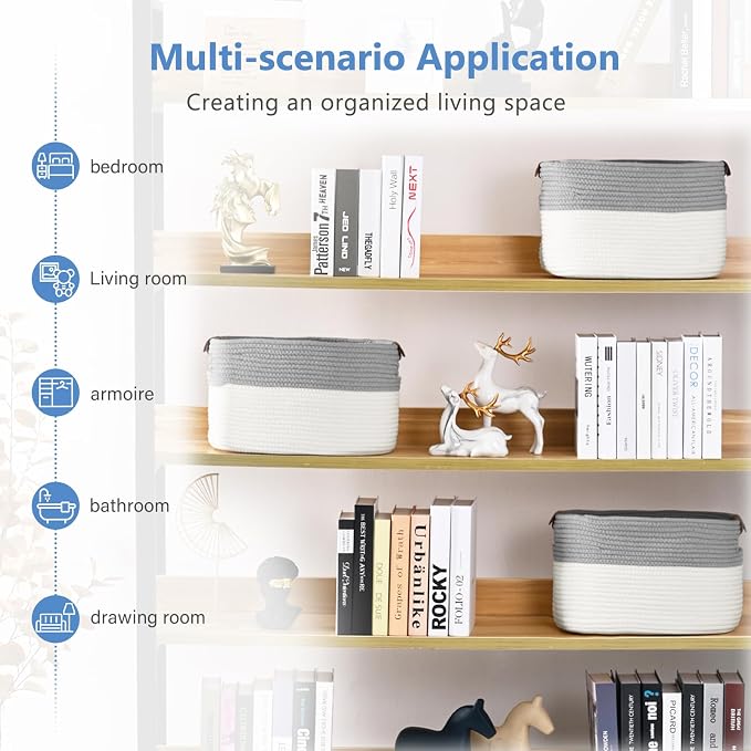 ECDYQXVU Cotton Rope Storage Baskets,15x10x9 in,Foldable Storage Bins, Decorative Woven Basket Cube Storage Organizer for Laundry, Towel, Clothes (White/Grey-3Pack, 15x10x9 inches) - Image 5