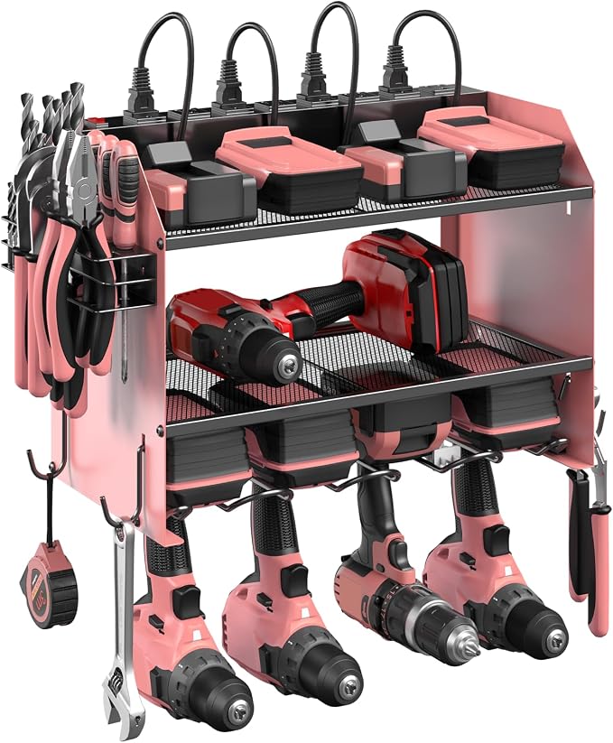 CCCEI Modular Power Tool Organizer Wall Mount with Charging Station. Garage Drill Storage Shelf with Hooks, Heavy Duty Rack, Tool Battery Holder Built in 8 Outlet. Gift for Men. Pink, 1 Pack. by CCCEI