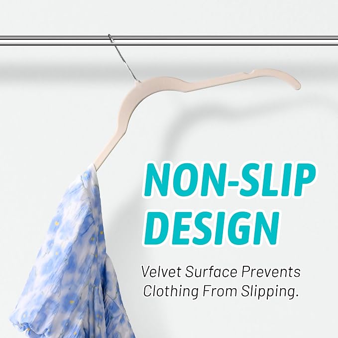 Sishynio Premium Velvet Shirt Hangers 50 Pack, Non-Slip 360° Swivel Hook Slim Flocked Coat Hanger, Space Saving Felt Hanger for for Tank Top, Blouses, Strappy Dresses(Beige) - Image 3