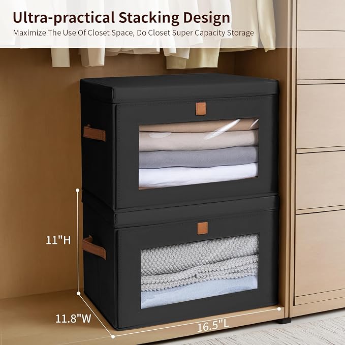 Homsorout Collapsible Storage Bins - Large Stackable Organizer Bins, Decorative Boxes with Handles & Window, Fabric Containers for Living Room, Closet, Dorm, 4 Pack, Black - Image 5