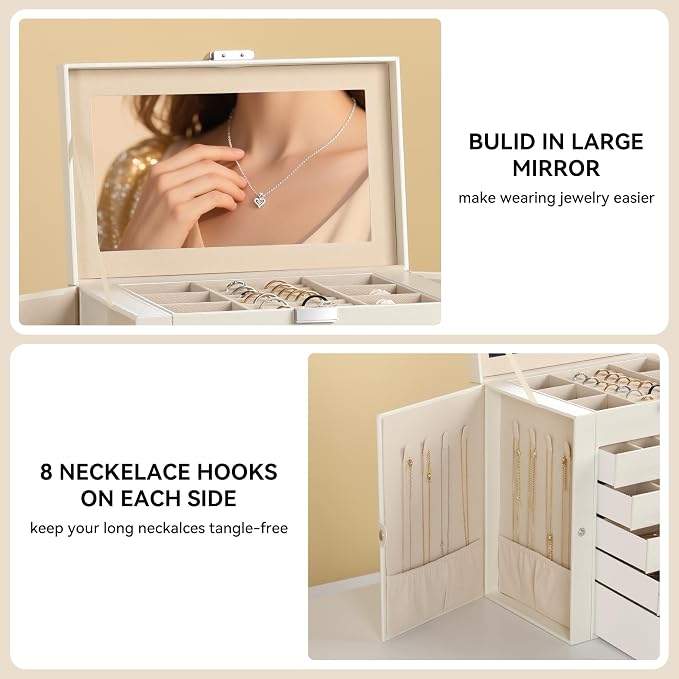 Frebeauty Large Jewelry Box,6-Tier PU Leather Jewelry Organizer,Multi-functional Storage Case with Mirror,Accessories Holder with 5 Drawers for Necklace Bracelets Watches(Pearl White) - Image 5