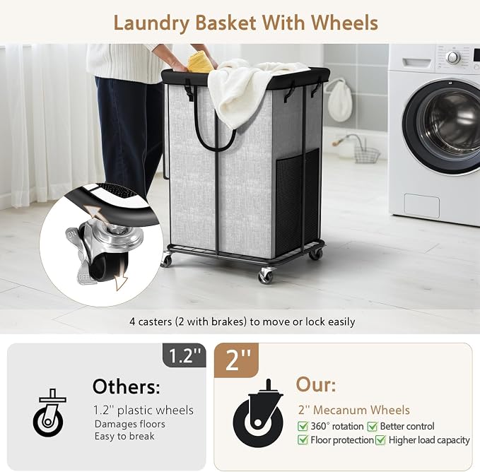 40 Gal Large Laundry Hamper with Lid, Rolling Laundry Basket with Wheels, Oxford Fabric Dirty Clothes Hampers with Removable Laundry Bag & Metal Frame for Bedroom, Laundry Room, Bathroom, Dorm(Grey) - Image 4
