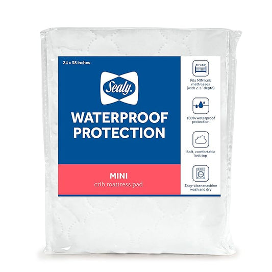 Sealy Baby Mini Crib Mattress Protector Pad Cover, Durable Waterproof Topper, Portable and Comfortable for Newborns Infants and Toddlers, Machine Washable and Dryer Friendly, 38?€? x 24?€?- White