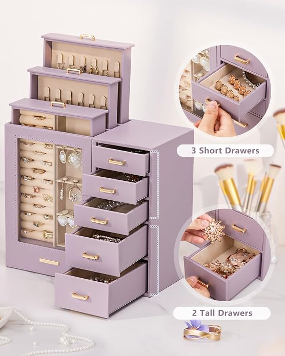 Homde Large Jewelry Box/Organizer/Case with Glass Window, Drawers for Necklaces Earrings Rings Bracelets Watches Gift for Women Girls - Image 4