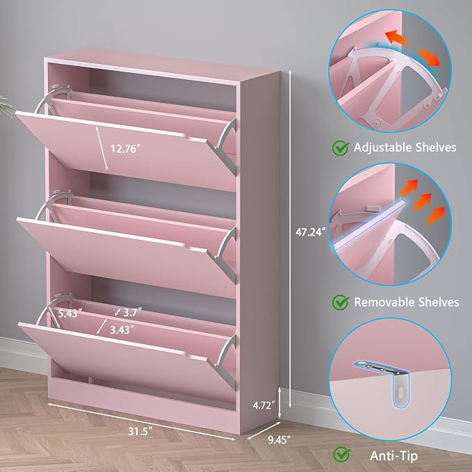 BORNOON Shoe Cabinet with 3 Flip Drawers, Hidden Wood Shoe Cabinet,Freestanding Shoe Storage Cabinet for Entryway Hallway.White. 47.2" H*31.5" W*9.45" D (Pink) - Image 2