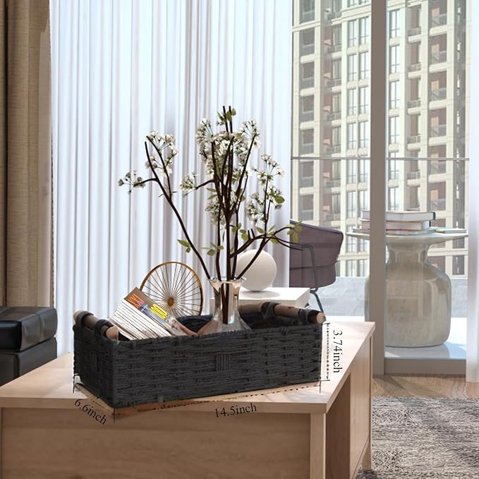 Round Paper Rope Storage Basket Wicker Baskets for Organizing with Handle Decorative Storage Bins for Countertop Toilet Paper Basket for Toilet Tank Top Small Baskets Set,Black - Image 2
