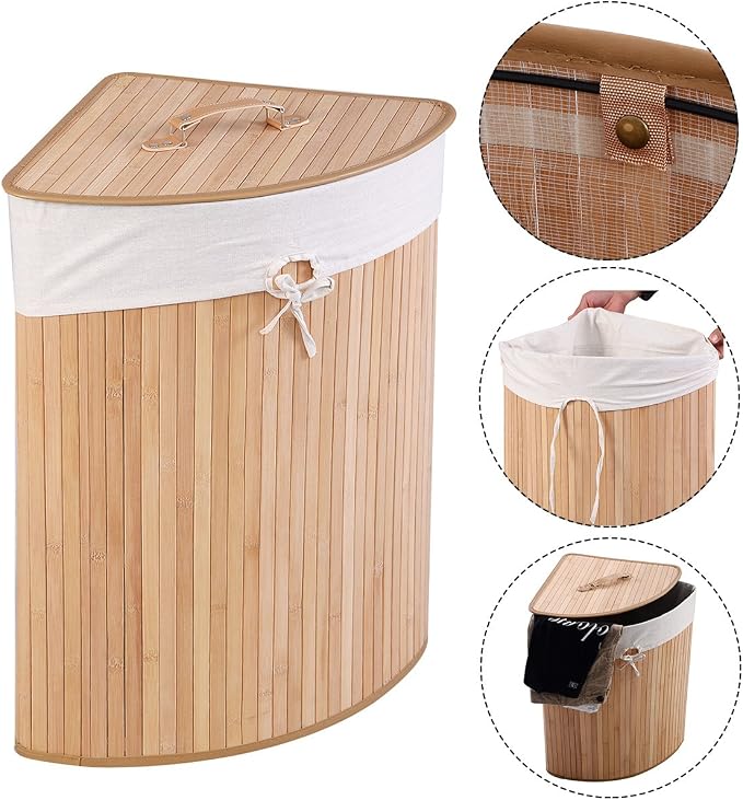 GOFLAME Corner Bamboo Laundry Hamper with Lid and Removable Liner, Washing Clothes Basket Storage Bin with Handle, Suitable for Bedroom, Bathroom, Laundry (Natural) - Image 2